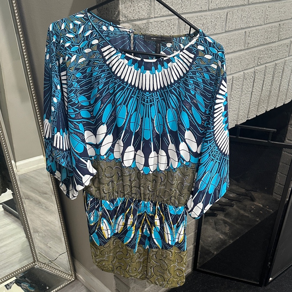 BCBGMaxAzria Blue and Green Patterned Romper